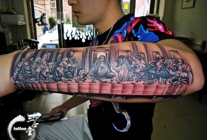 最后的晚餐纹身图片_手臂欧美写实最后的晚餐小臂耶稣纹身图案