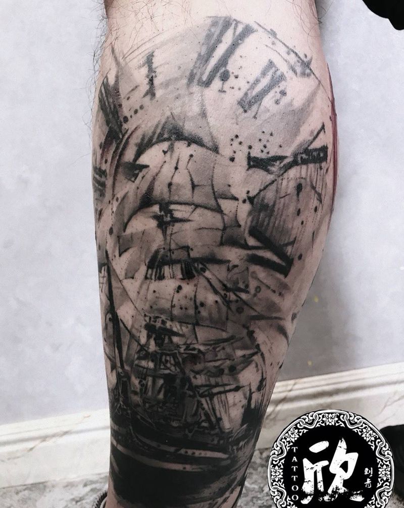 帆船纹身图片_腿部手臂欧美写实欧美帆船写实纹身图案