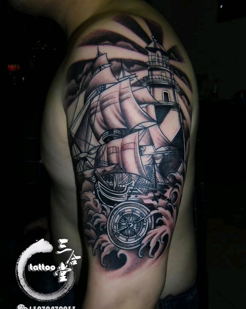 帆船纹身图片_手臂欧美写实纹身图案