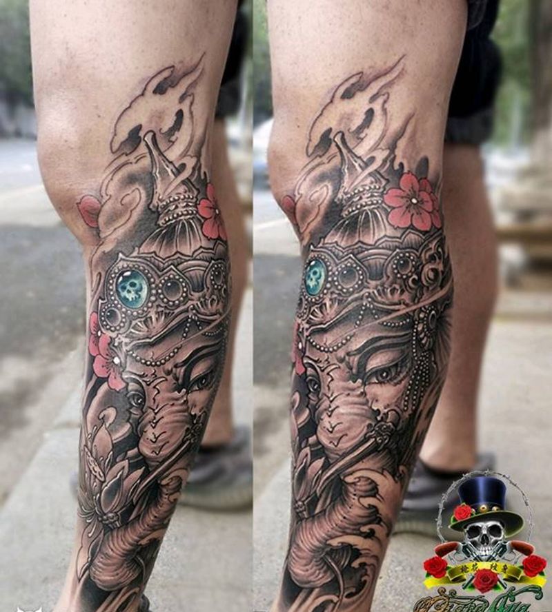 象神纹身图片_腿部新传统纹身图案
