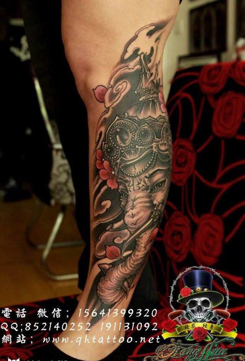 象神纹身图片_成品腿部传统鬼神宗教纹身图案