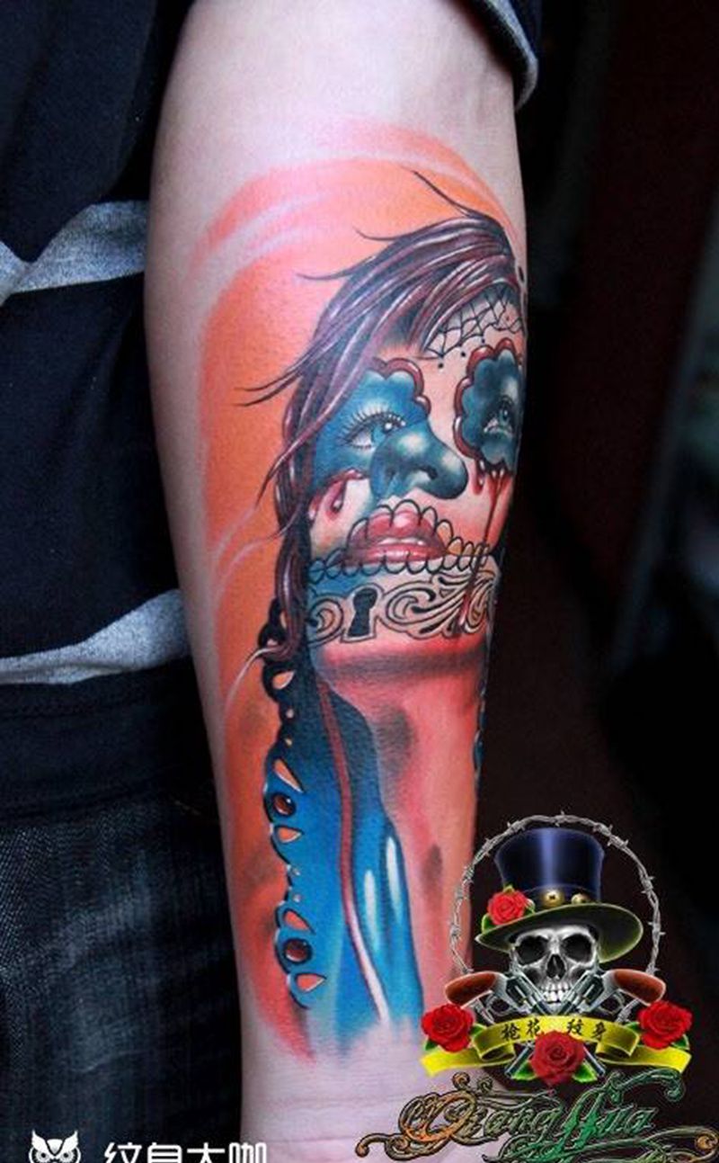 亡灵女郎纹身图片_成品手臂欧美人物宗教肖像纹身图案