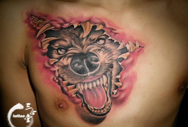 狼头纹身图片_胸部欧美写实动物原创营口鲅鱼圈纹熊岳盖州成品纹身图案