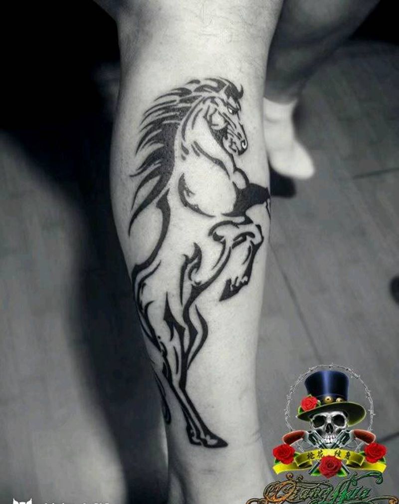 马纹身图片_脚部国画动物图腾原创成品纹身图案