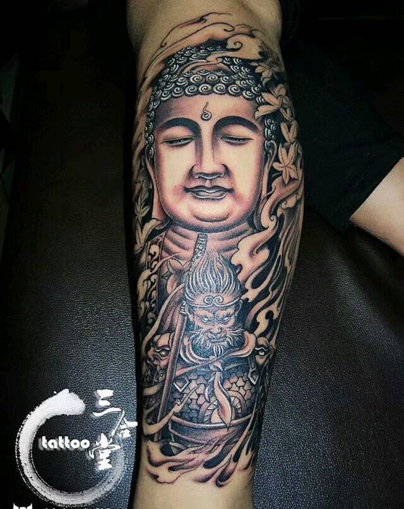 魔猴站如来纹身图片_腿部传统人物宗教营口成品纹身图案