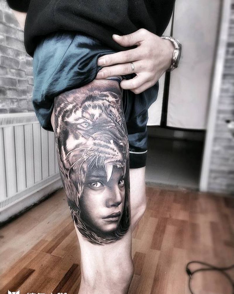 老虎纹身图片_腿部背部欧美写实New School纹身图案