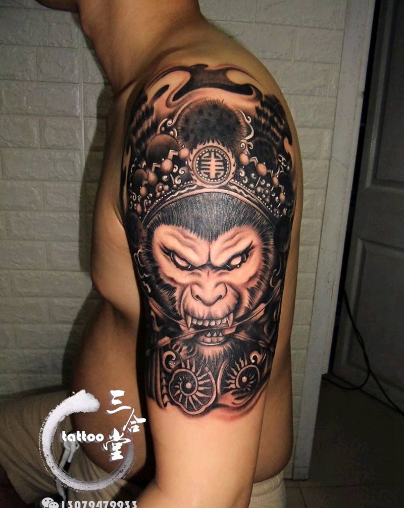 悟空纹身图片_手臂肩部新传统斗战胜佛孙悟空纹身图案