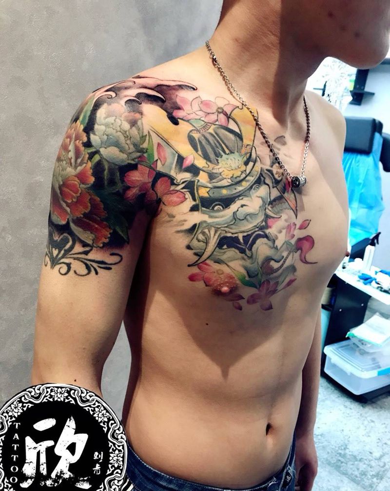 鬼武士半甲纹身图片_成品传统胸部肩部人物纹身图案