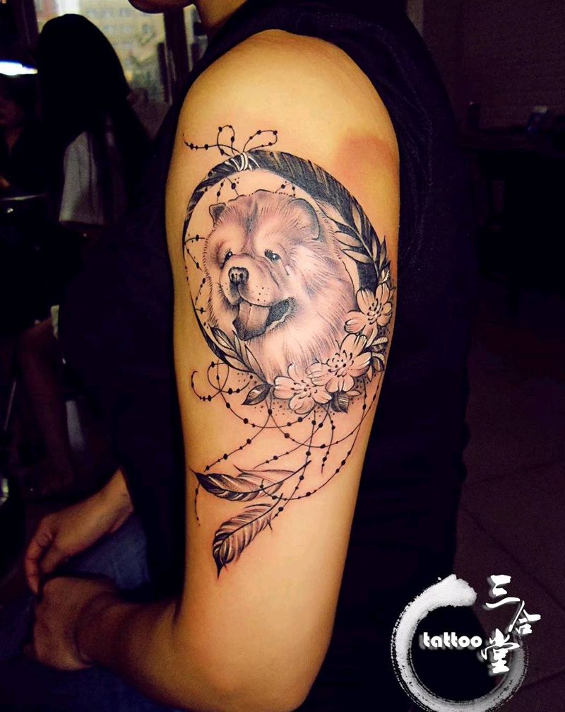 松狮犬纹身图片_手臂欧美写实小清新宠物狗纹身图案