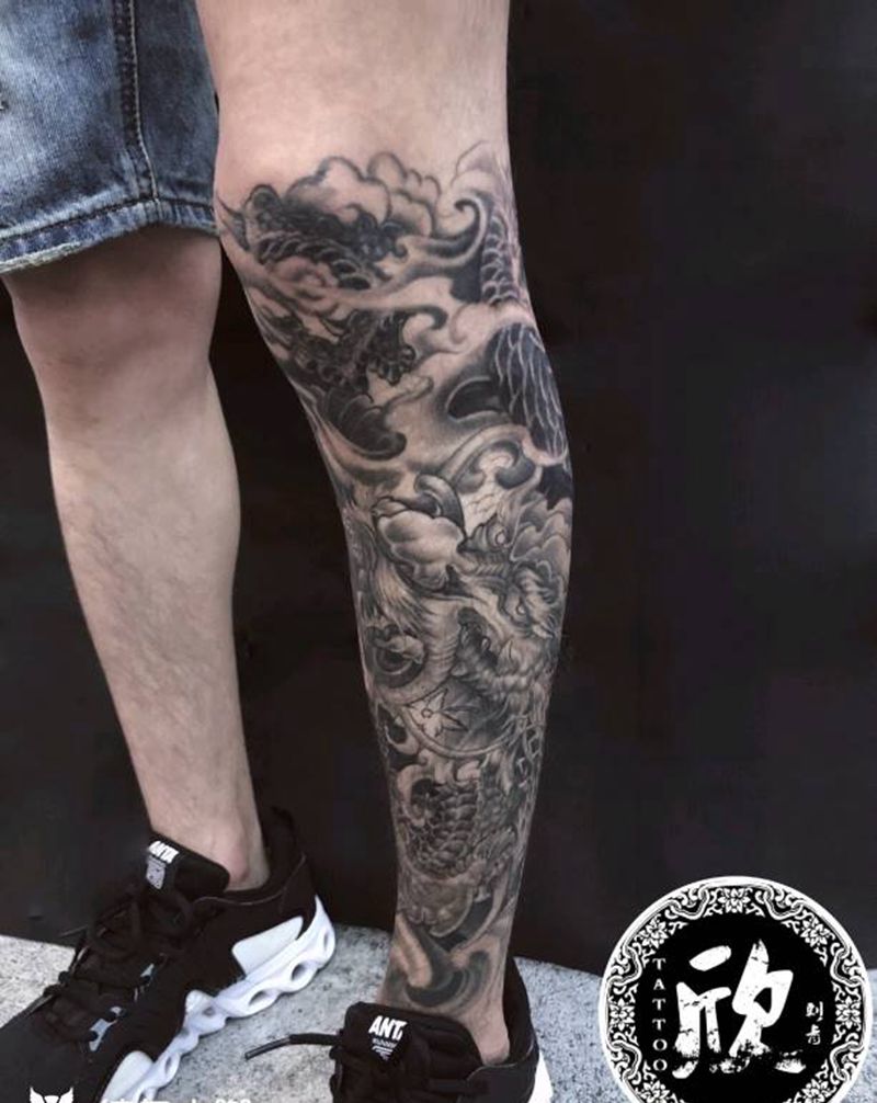 小腿龙纹身图片_腿部小腿龙纹身图案