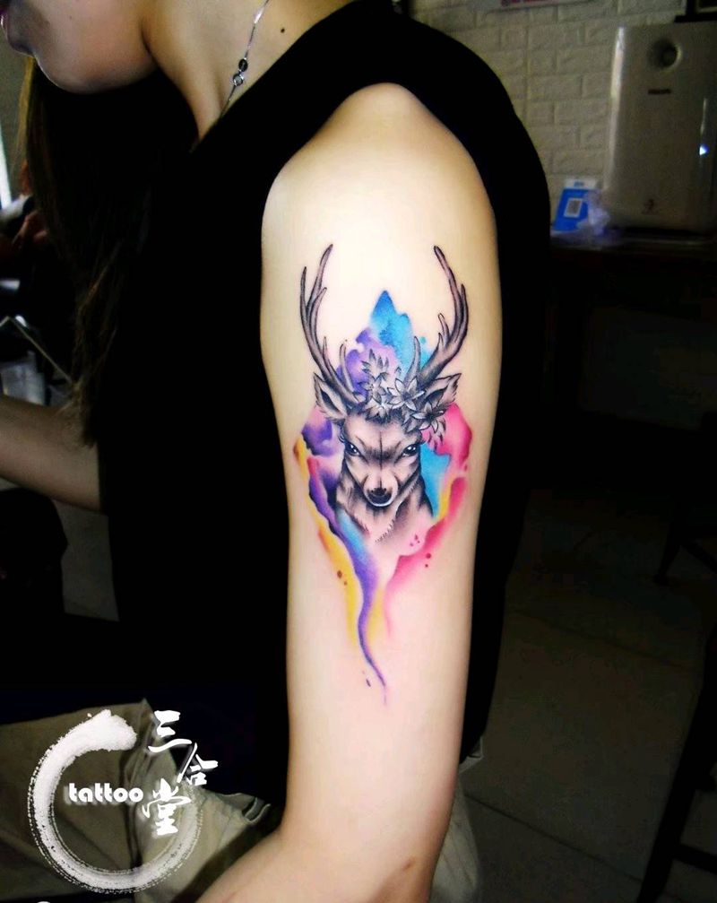 水彩鹿纹身图片_手臂脚部欧美写实水彩水彩鹿小清新纹身图案