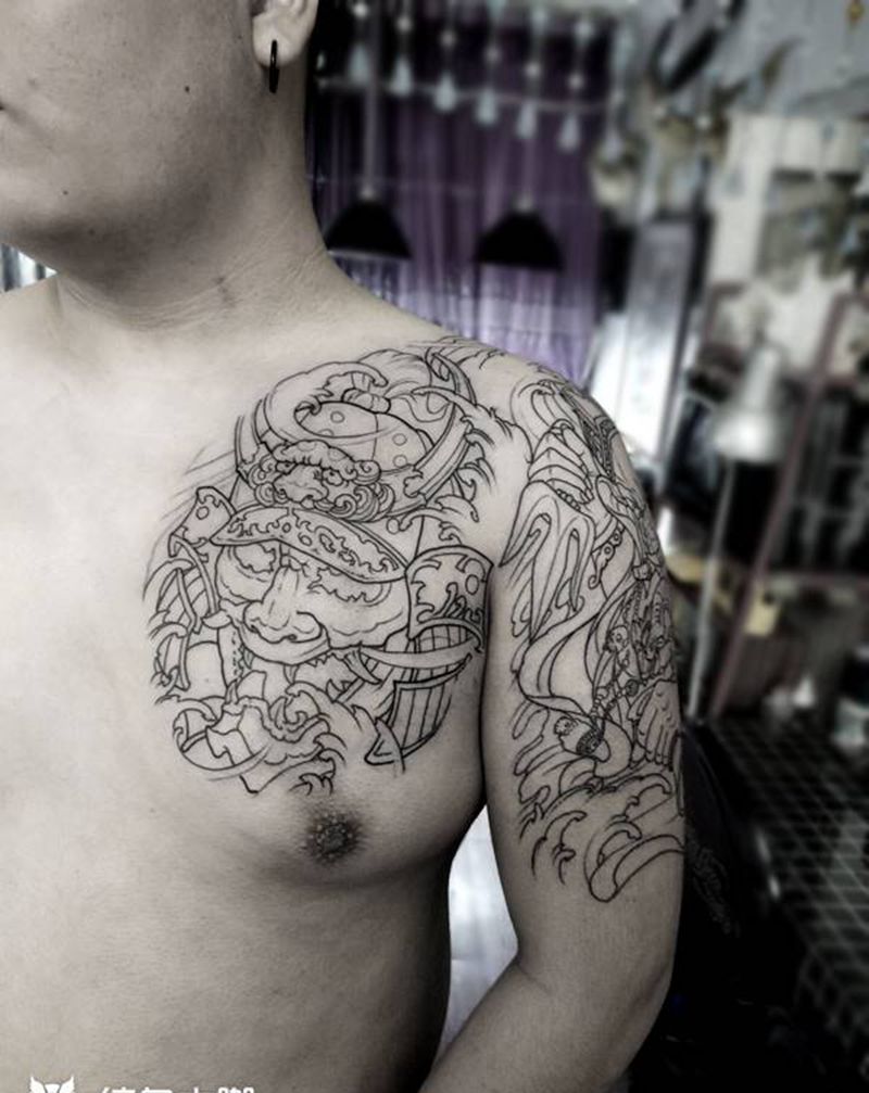 半甲纹身图片_胸部手臂新传统纹身图案