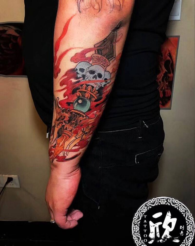 降魔杵纹身图片_传统鬼神纹身图案