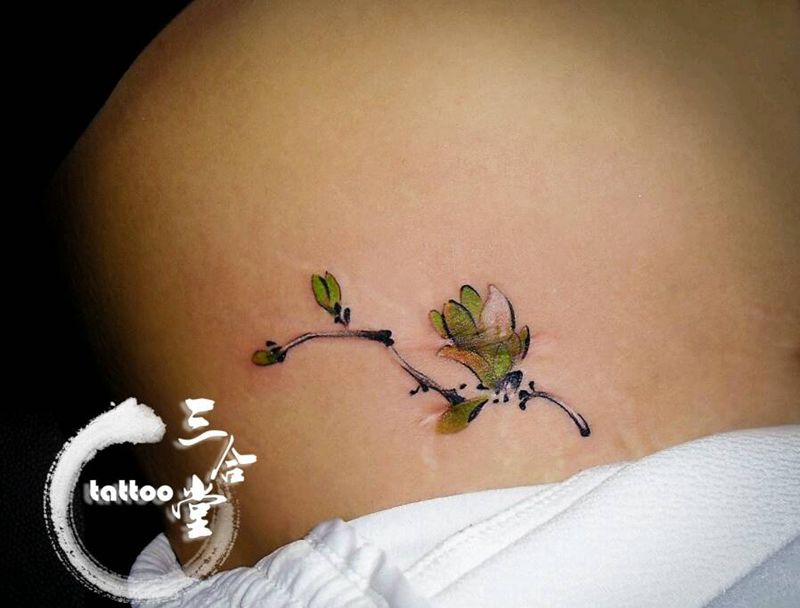 花纹身图片_腹部清新国画植物原创营口鲅鱼圈纹熊岳盖州成品纹身图案