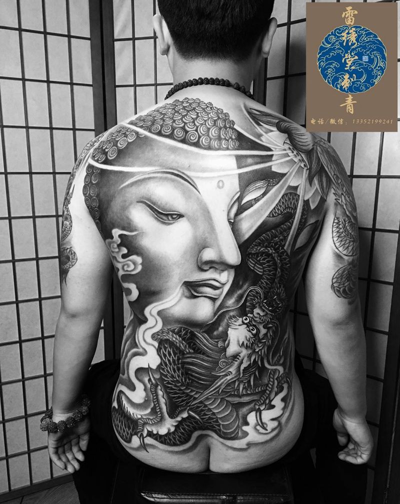 满背佛纹身纹身图片_成品背部传统人物纹身图案