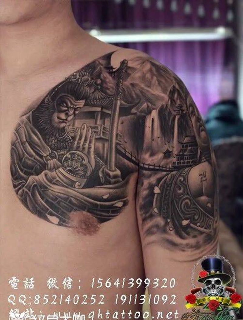 西游记半胛纹身图片_成品胸部肩部传统肖像人物宗教鬼神纹身图案