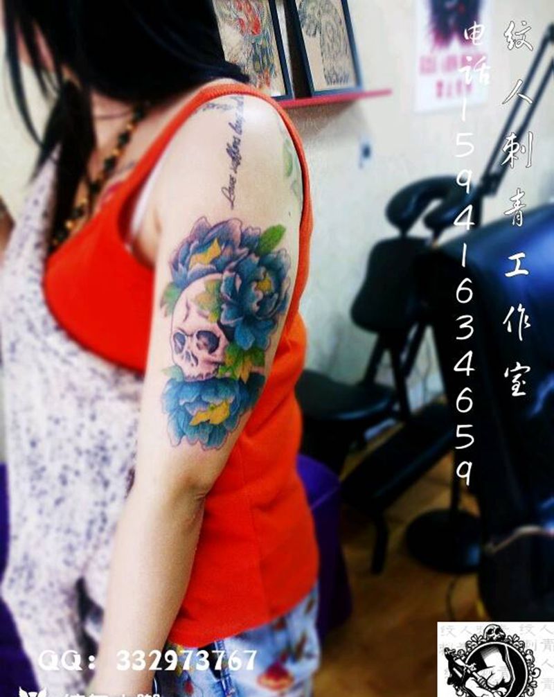骷髅牡丹纹身图片