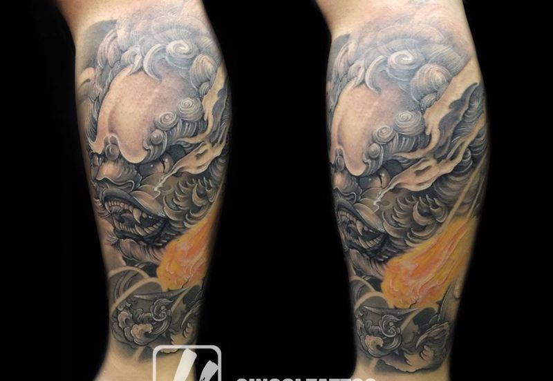 小腿侧面唐狮纹身图片