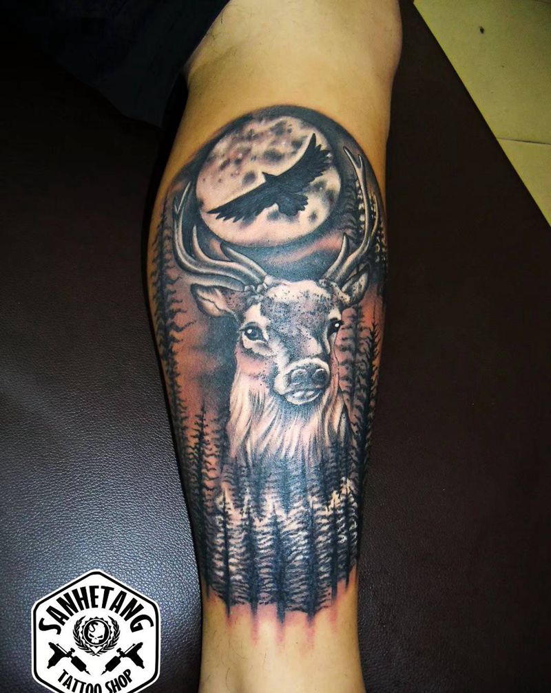 森林鹿纹身图片_腿部新传统动物写实鹿小腿纹身图案