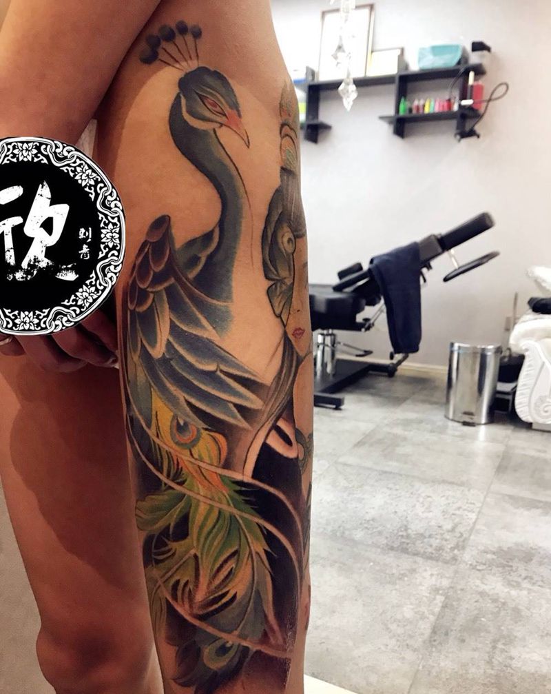 彩色艺妓纹身图片_腿部传统成品人物纹身图案