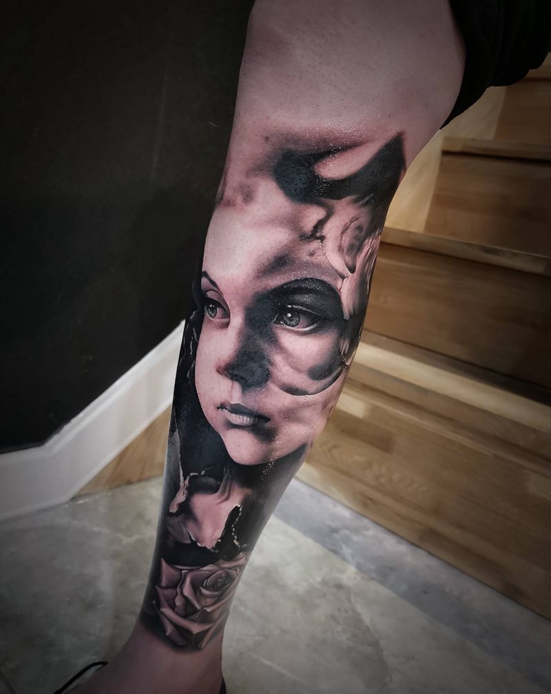 守望纹身图片_腿部欧美写实纹身图案