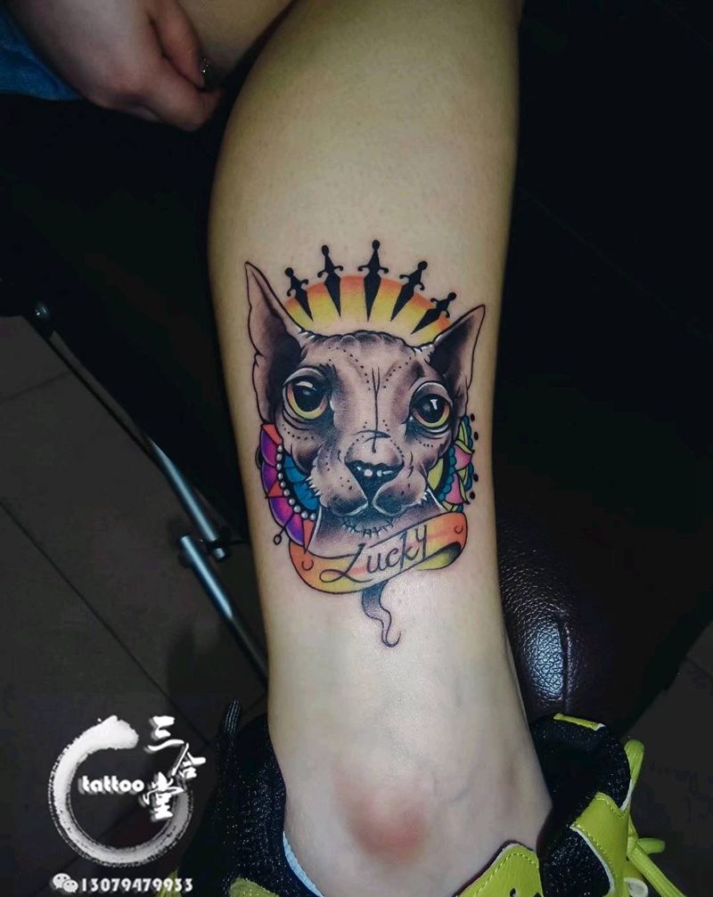 猫纹身图片_腿部肩部欧美写实New School猫纹身图案