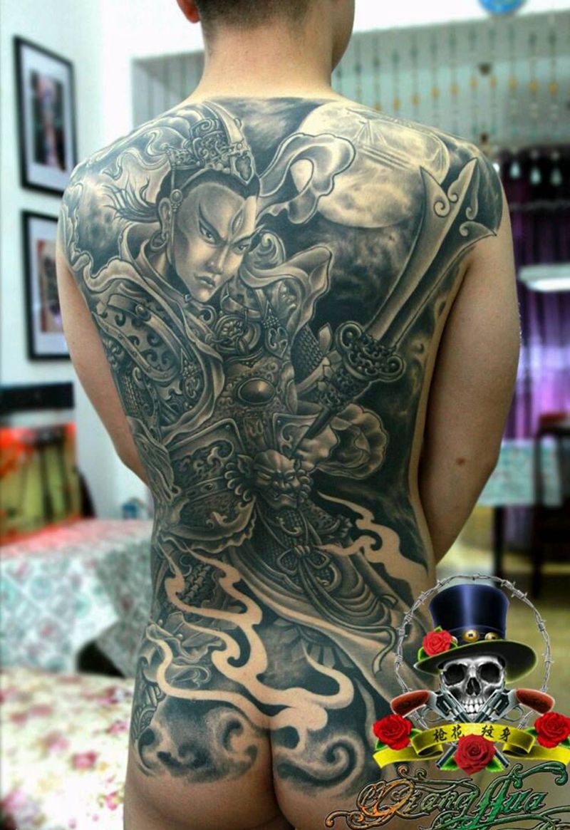 二郎神纹身图片_背部传统人物鬼神宗教成品纹身图案