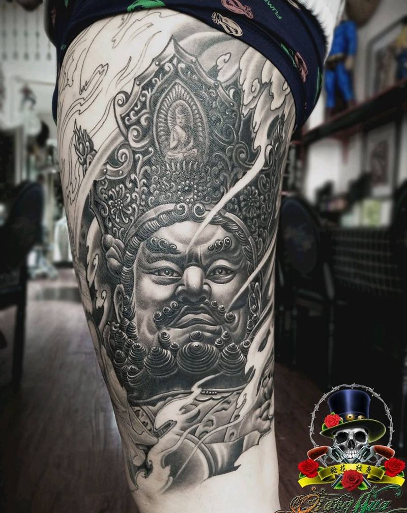 天王纹身图片_腿部新传统纹身图案