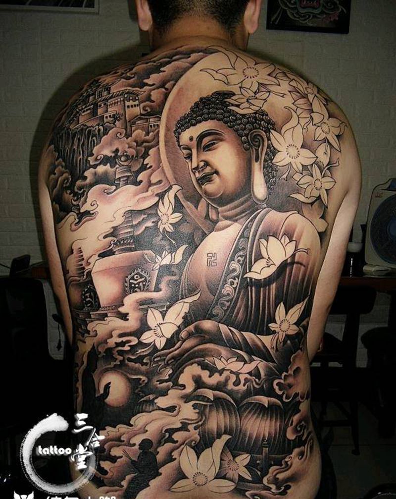 大日如来纹身图片_背部新传统纹身图案
