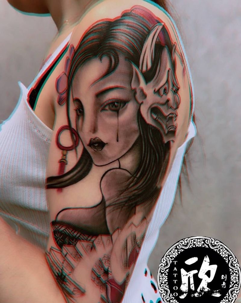 大臂艺妓纹身图片