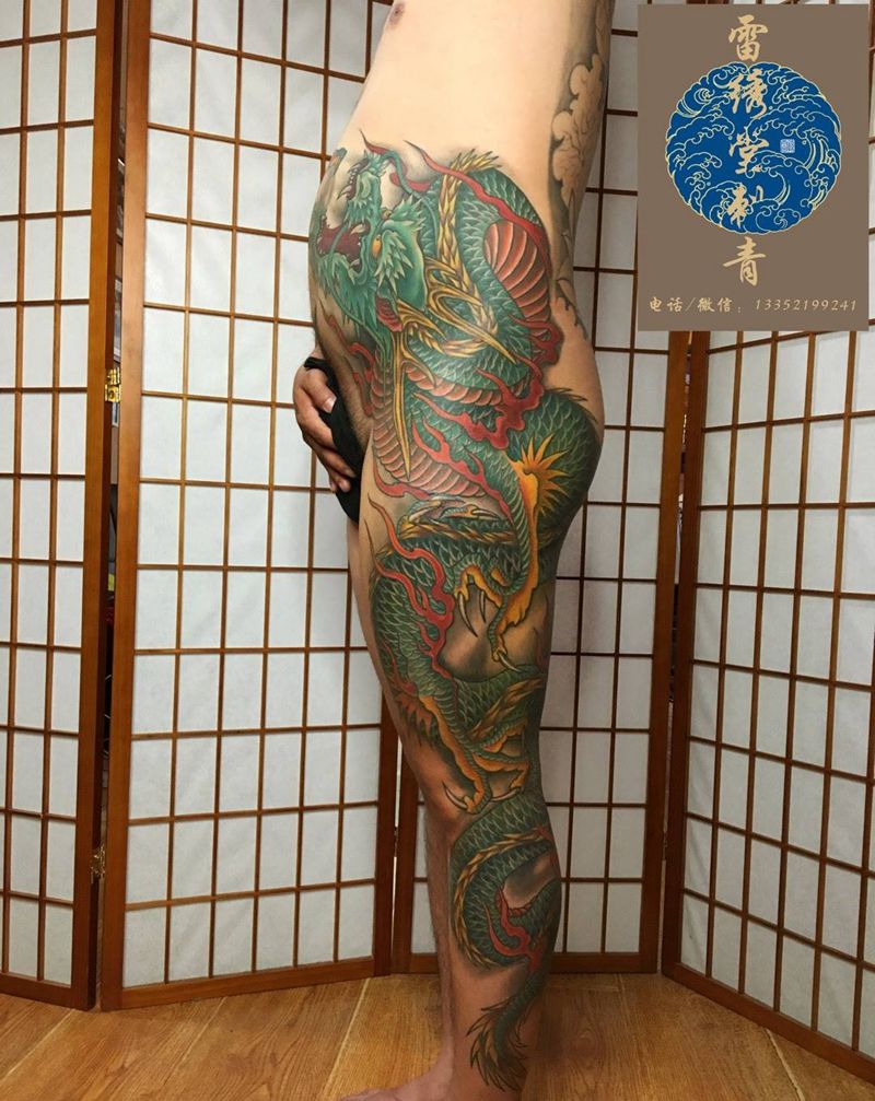包腿龙纹身纹身图片_成品腿部传统动物纹身图案