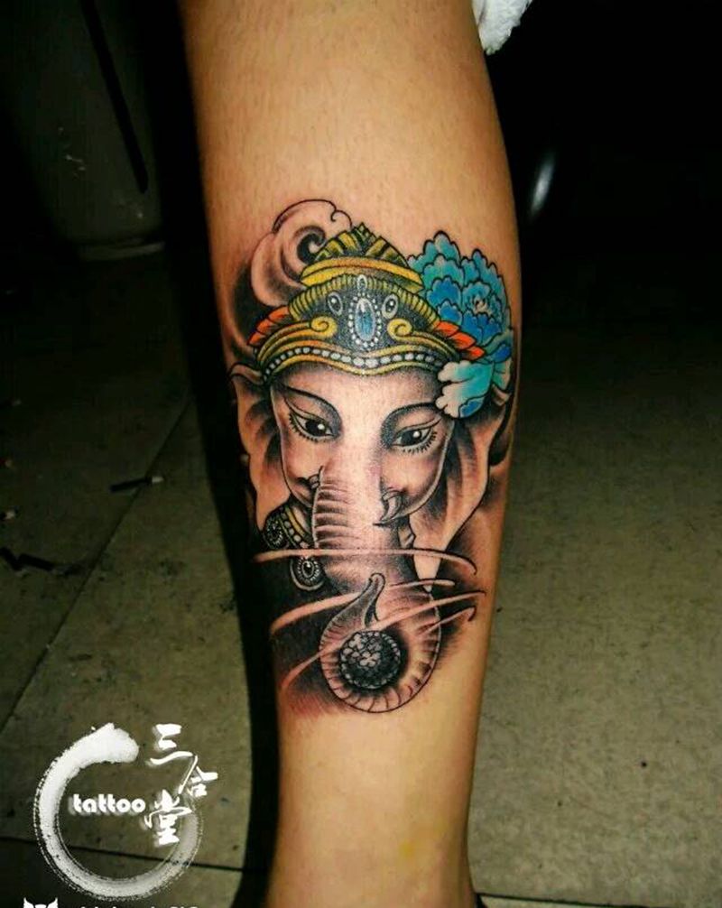 象神纹身图片_腿部传统动物宗教营口鲅鱼圈纹熊岳盖州成品纹身图案