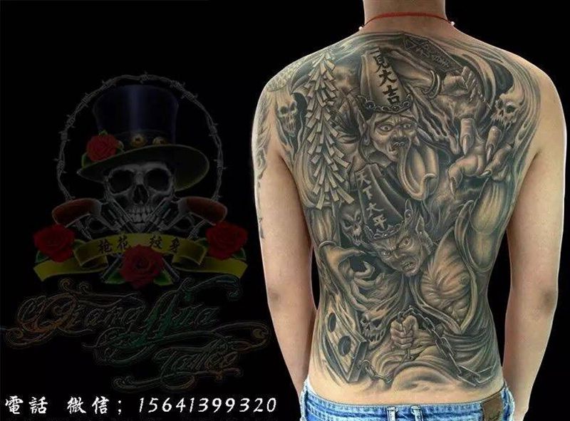 黑白无常纹身图片_成品背部传统鬼神宗教人物纹身图案