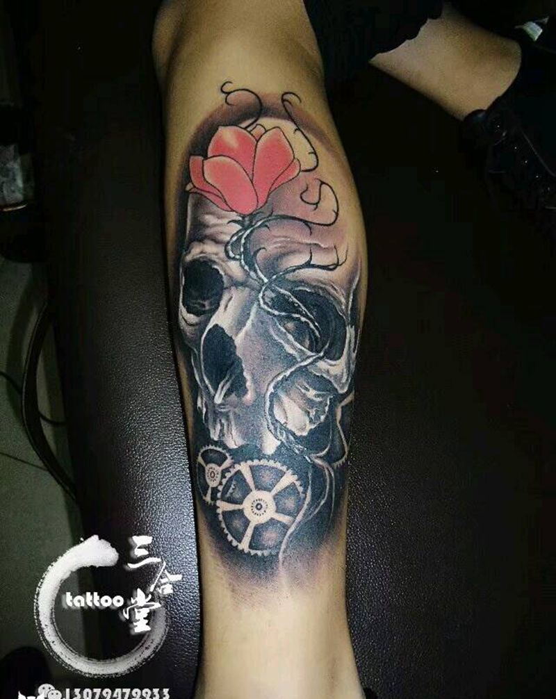 骷髅花开纹身图片_腿部欧美鬼神原创营口鲅鱼圈纹成品纹身图案