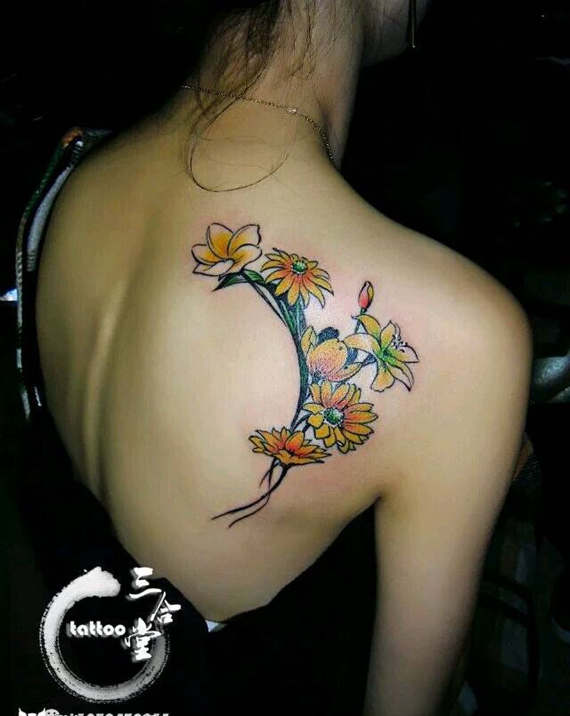 小清新花纹身图片_肩部清新植物原创营口鲅鱼圈纹熊岳盖州成品纹身图案