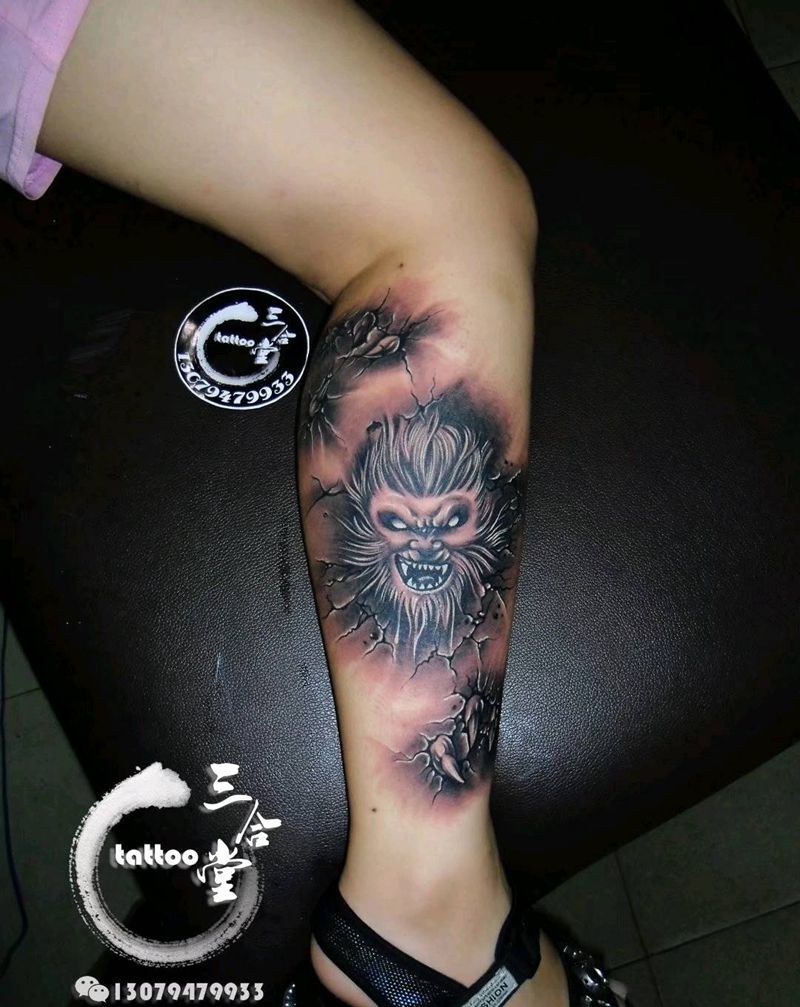 魔猴纹身图片_腿部新传统悟空孙悟空营口纹身图案