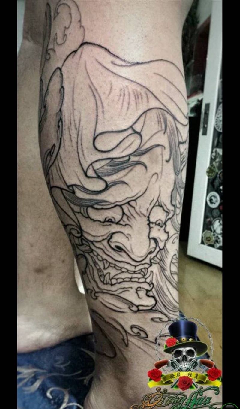 般若纹身图片_腿部传统动物鬼神宗教纹身图案