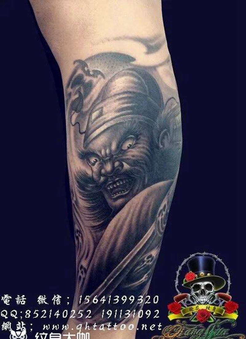 钟馗纹身图片_成品腿部传统人物鬼神纹身图案