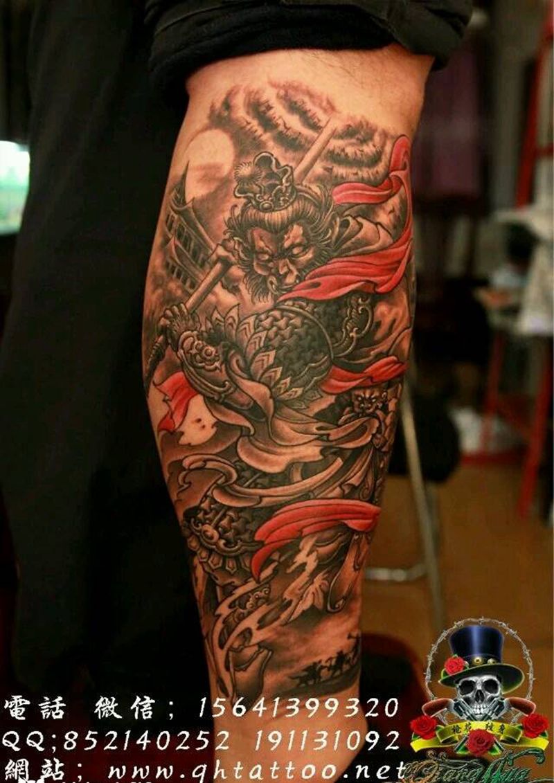 大闹天宫纹身图片_腿部传统肖像人物鬼神宗教成品纹身图案