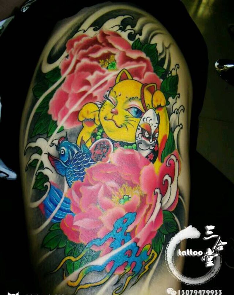 招财猫纹身图片_腿部传统清新贴纸动物营口成品纹身图案