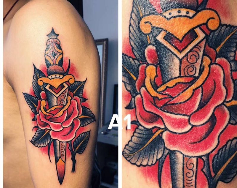 oldschool经典玫瑰+剑纹身图片_手臂Old School纹身图案