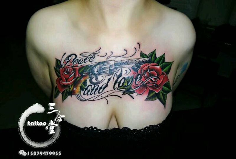 枪炮玫瑰纹身图片_胸部欧美植物营口鲅鱼圈纹成品纹身图案