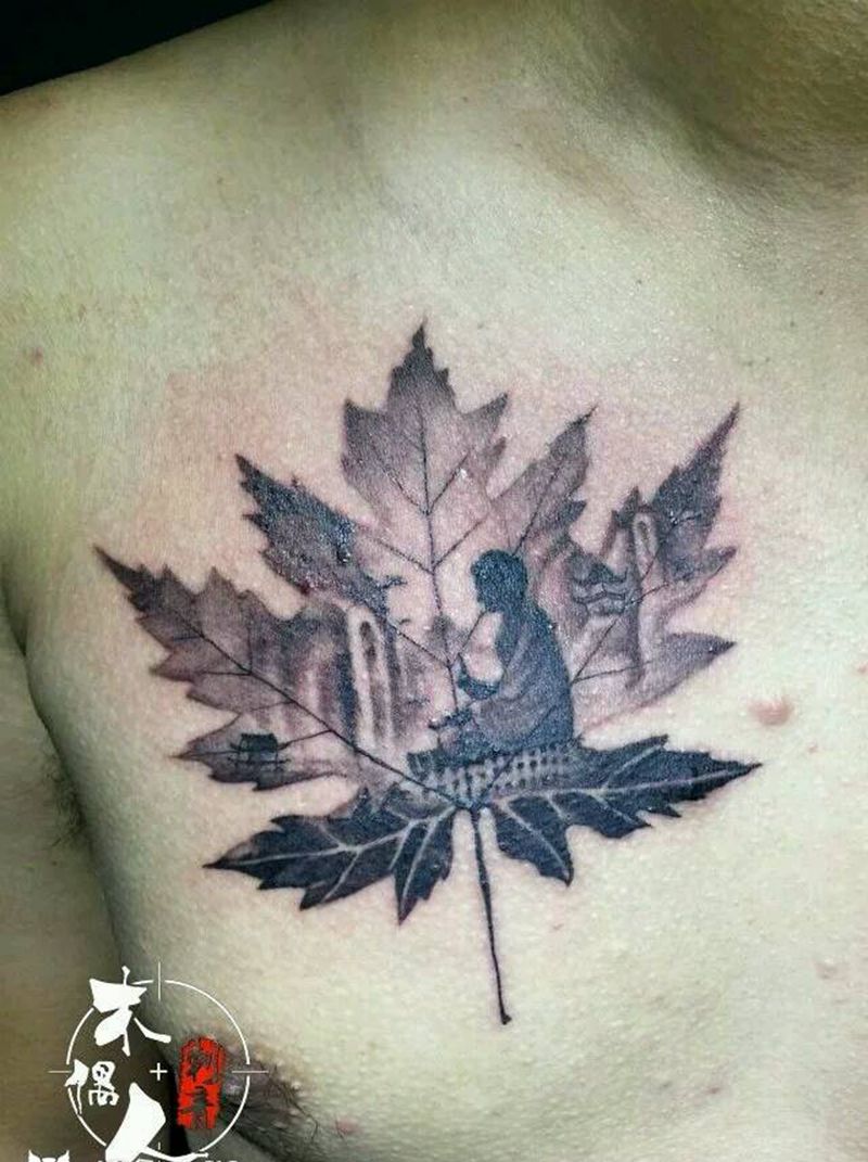 补发一个昨天作品，一片枫叶里包纹身图片