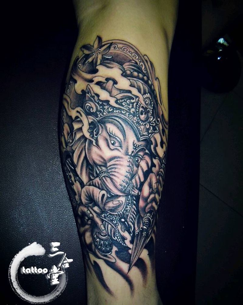 象神纹身图片_腿部传统动物宗教营口鲅鱼圈纹熊岳盖州成品纹身图案