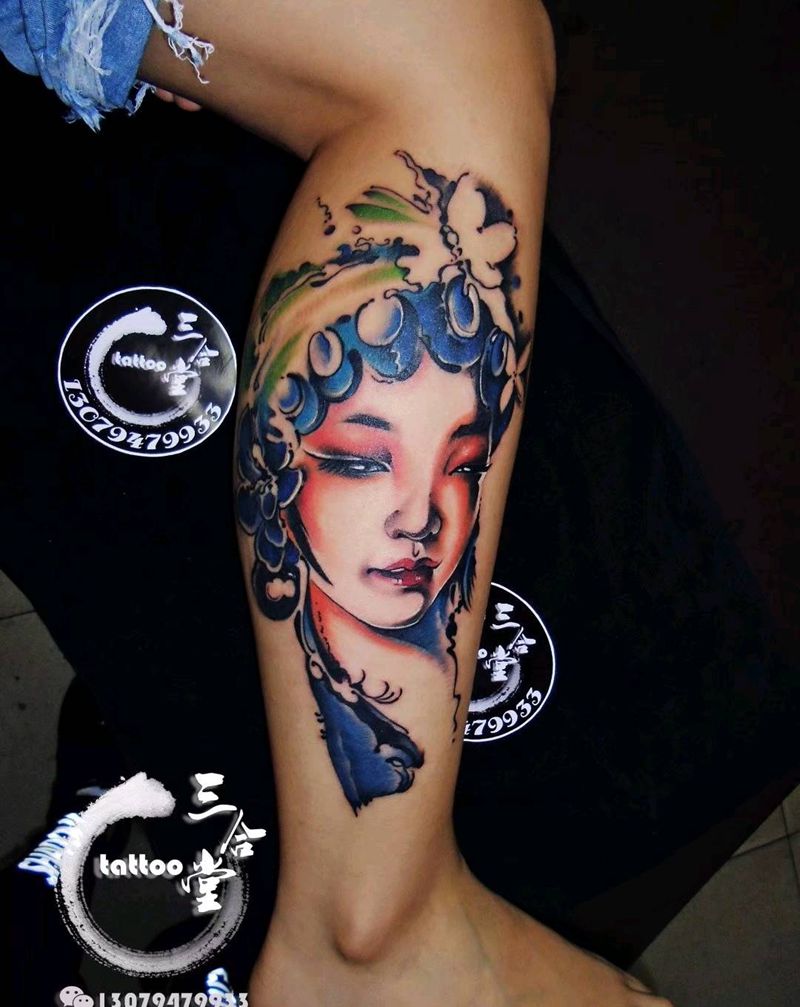 青衣花旦纹身图片_腿部传统国画人物三合堂纹成品纹身图案