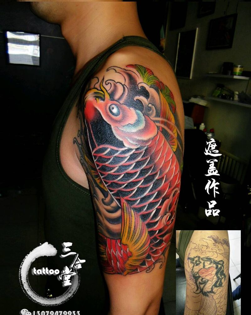 鲤鱼遮盖纹身图片_肩部传统动物原创营口鲅鱼圈纹熊岳盖州成品纹身图案