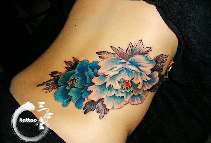 牡丹花纹身图片_腰部传统国画植物原创营口鲅鱼圈纹成品纹身图案