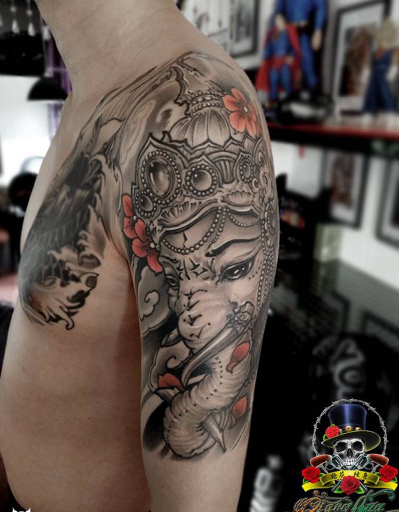 象神纹身图片_手臂新传统纹身图案