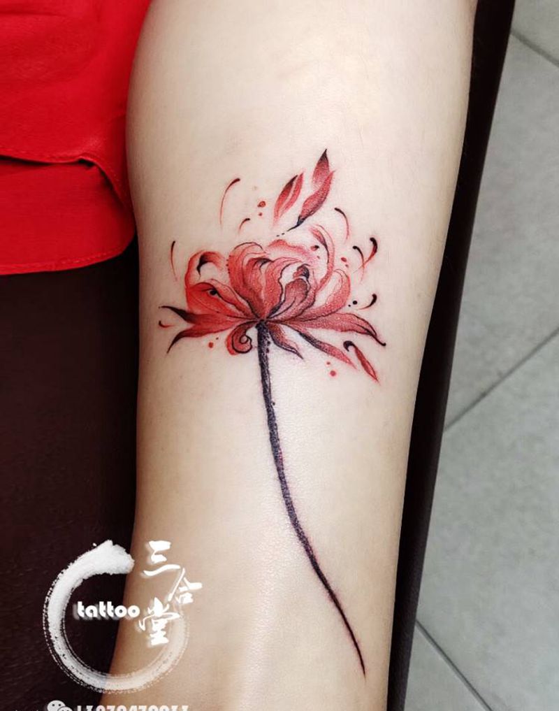 彼岸花纹身图片_腿部脚部水墨水彩小清新彼岸花脚踝纹身图案