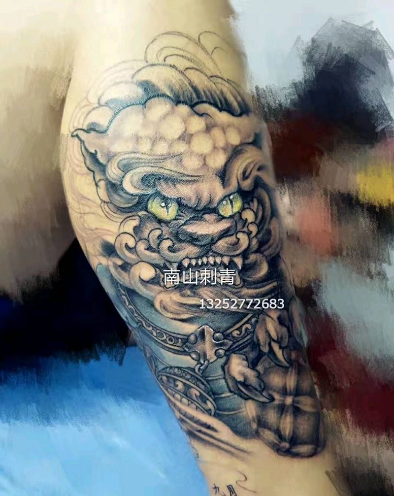 包小腿唐狮纹身图片_腿部脚部老传统新传统纹身图案